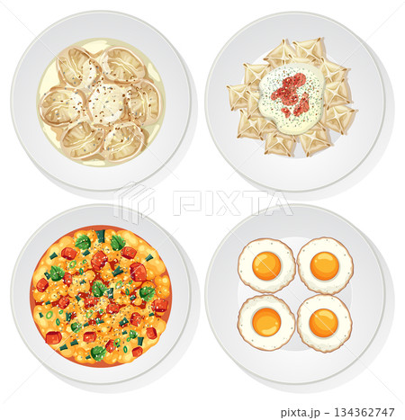 Top View of Four Traditional Breakfast Dishes on Plates 134362747