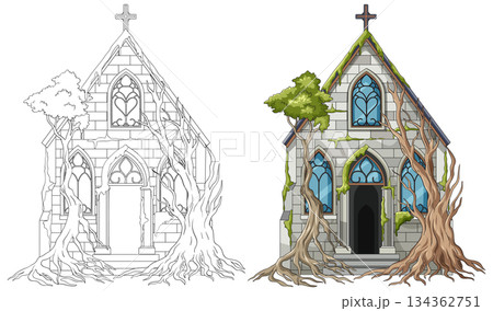 Abandoned Stone Chapel Overtaken by Tree Roots Illustration Abandoned Stone Chapel Overtaken by Tree Roots Illustration 134362751