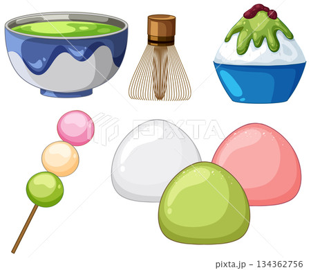 Traditional Japanese Sweets and Matcha Tea Vector Illustration 134362756