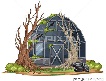 Abandoned Glass Dome House with Dead Trees Illustration Abandoned Glass Dome House with Dead Trees Illustration 134362758