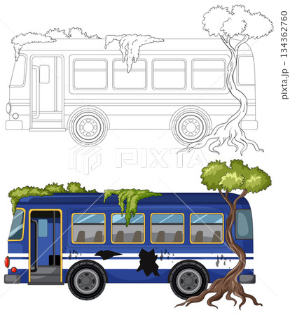 Abandoned City Bus Overgrown With Trees and Moss Abandoned City Bus Overgrown With Trees and Moss 134362760