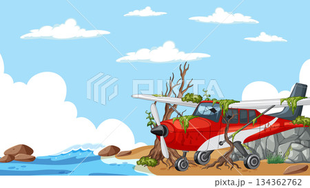 Abandoned Red Airplane Overgrown on Remote Rocky Beach 134362762