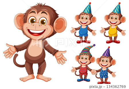 Smiling Cartoon Monkey with Party Hat Variations 134362769