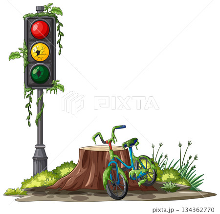 Abandoned Bicycle and Overgrown Traffic Light in Urban Decay 134362770