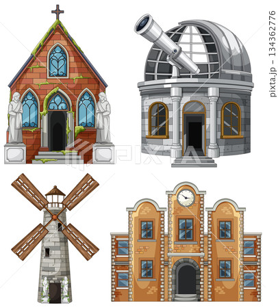 Cartoon Historic Buildings Set with Church Observatory Windmill 134362776