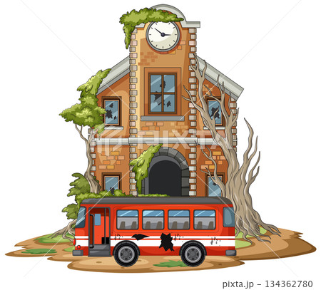 Abandoned Brick School Building with Old Red Bus 134362780