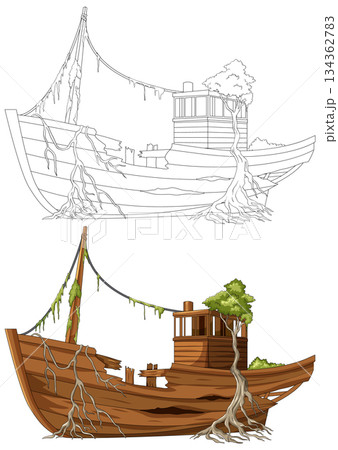 Abandoned Wooden Boat Overgrown With Tree Roots Illustration 134362783