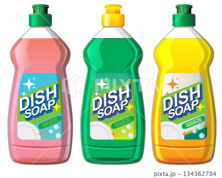 Three Colorful Dish Soap Bottles in a Row Three Colorful Dish Soap Bottles in a Row 134362784