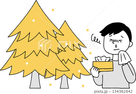 花粉を出す杉の木と鼻水が出る男性単色 134362842