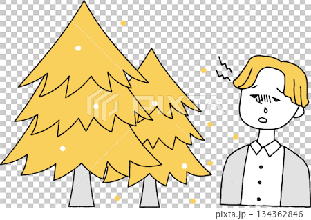 雪松樹散落花粉，一個頭痛的男人，單色畫面 134362846