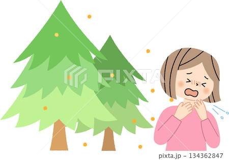 花粉を出す杉の木とくしゃみをする女性 花粉を出す杉の木とくしゃみをする女性 134362847