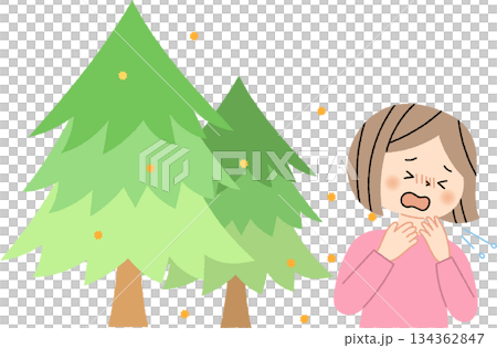 Cedar tree emitting pollen and a sneezing woman 134362847