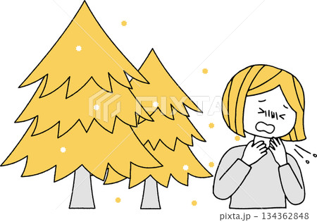 花粉を出す杉の木とくしゃみをする女性単色 花粉を出す杉の木とくしゃみをする女性単色 134362848