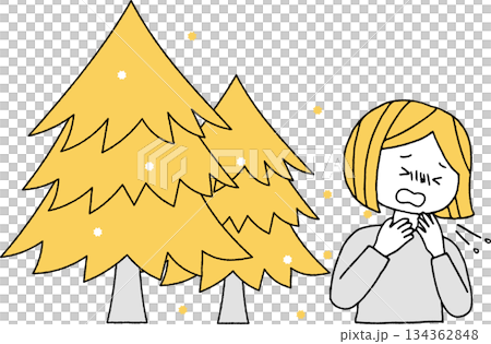 花粉を出す杉の木とくしゃみをする女性単色 花粉を出す杉の木とくしゃみをする女性単色 134362848