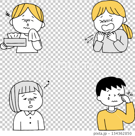 Children suffering from hay fever set, monochrome 134362850