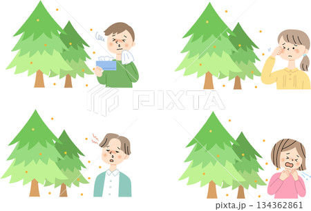 花粉を出す杉の木と花粉症の人セット 134362861