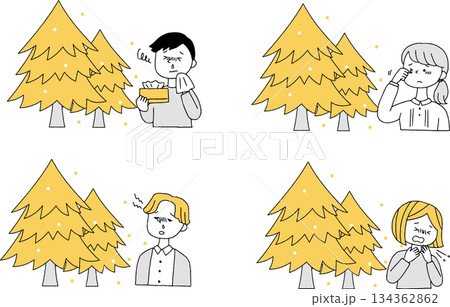 花粉を出す杉の木と花粉症の人セット単色 134362862