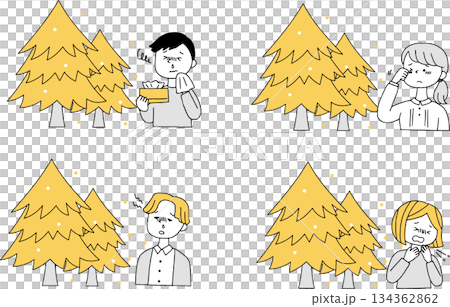 花粉を出す杉の木と花粉症の人セット単色 134362862