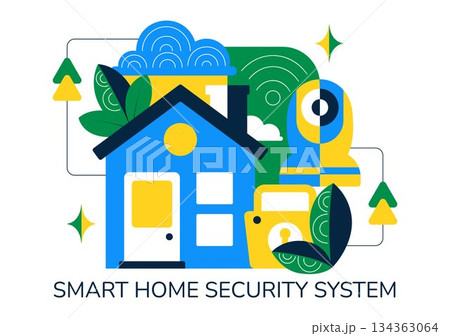 Smart Home Security Vector Illustration Featuring Home Automation Controlled Via Smartphone Through an Integrated Electronic System Background 134363064