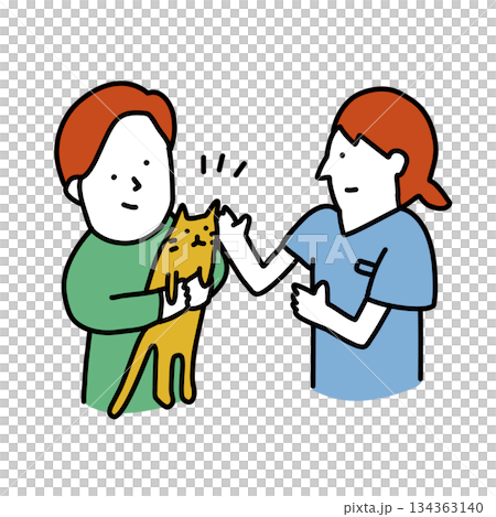 動物病院の診察室　愛猫を獣医師に診てもらう家族のイラスト 134363140
