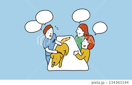 動物病院の診察室　飼い犬を獣医師に診てもらう家族のイラスト 134363144