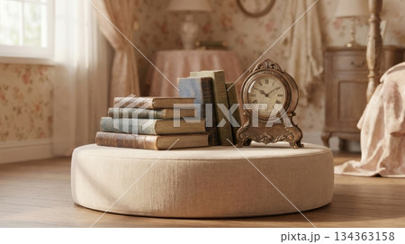 Vintage Podium with Stacked Old Books and Antique Desk Clock Vintage Podium with Stacked Old Books and Antique Desk Clock 134363158