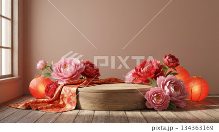 Chinese Podium with Peony Flowers, Silk Fabric, and Red Lantern 134363169