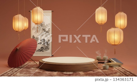 Chinese Podium with Paper Umbrella, Red Lantern, and Brush Painting 134363171