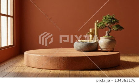 Chinese Podium with Mini Fountain and Ceramic Plant Pot 134363176