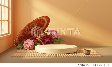 Chinese Podium with Paper Umbrella and Peony Flowers 134363184
