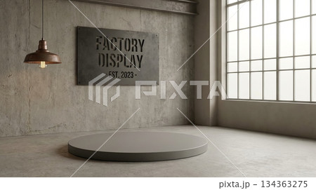 Podium with Factory Metal Sign and Copper Lamp Podium with Factory Metal Sign and Copper Lamp 134363275