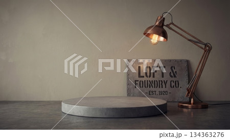 Podium with Factory Metal Sign and Copper Lamp Podium with Factory Metal Sign and Copper Lamp 134363276