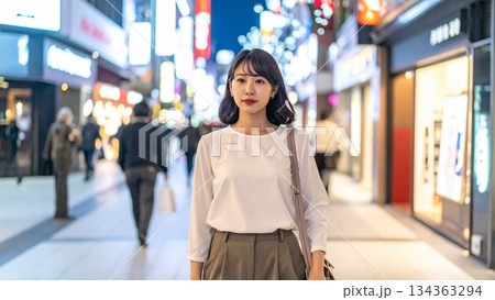 夜のオフィス街を歩く若い女性会社員 素材 16:9サイズ AI生成素材 134363294