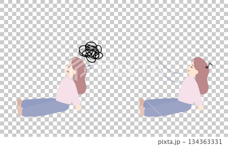 A woman who is impatient with time to do nothing and a woman who is relaxing 134363331