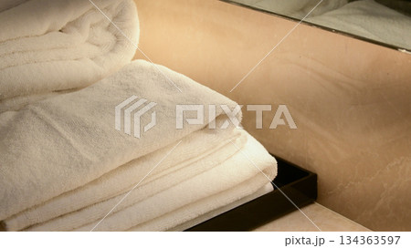 fold of white towel prepare for shower in bathroom fold of white towel prepare for shower in bathroom 134363597