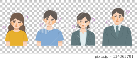 疑問を感じている男性と女性のバストアップイラストセット 134363791