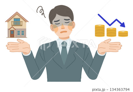 スーツ姿の男性が、建物の資産価値が下落して落ち込んでいるイラスト 134363794
