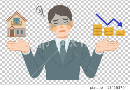 スーツ姿の男性が、建物の資産価値が下落して落ち込んでいるイラスト 134363794
