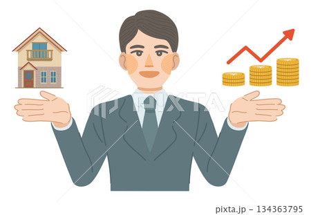 建物の資産価値が上昇して喜ぶ、スーツ姿の男性のイラスト 134363795