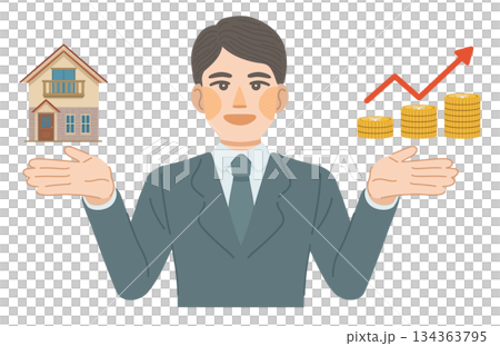 建物の資産価値が上昇して喜ぶ、スーツ姿の男性のイラスト 134363795