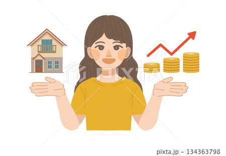 建物の資産価値が上昇して喜ぶ女性のイラスト 134363798
