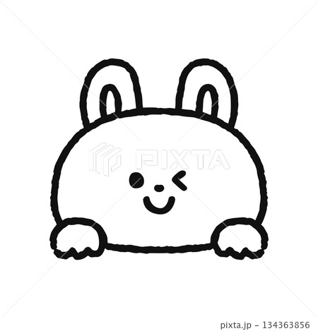 ひょっこり顔を出してウィンクするウサギ　線画 134363856
