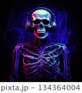 an AI Image Generator, Skeleton With Headphones Surrounded by Neon Purple Energy, 134364004