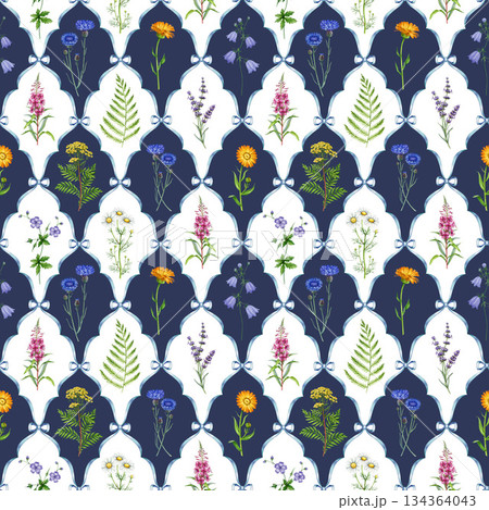 Meadow wildflowers seamless pattern watercolor illustration. Hand drawn vintage style chamomile, bluebell, fireweed, cornflower blooming summer countryside flowers decoration on tile background 134364043