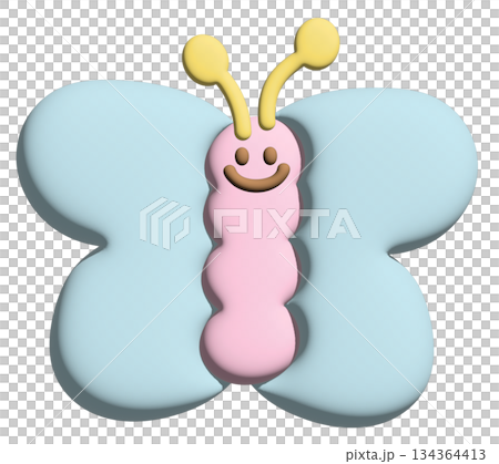 Inflated pastel butterfly in 3D for model, animal, spring, summer, flower, cartoon character, comic, mascot, cute patch, brooch, shirt print, plush toy, kid doll, nature, garden, blossom, blooming 134364413