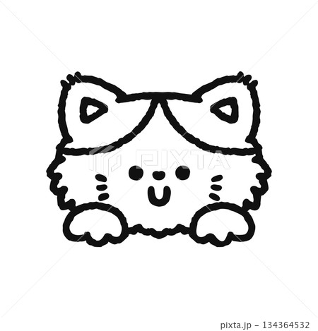 ひょっこり顔を出すモコモコのネコ 線画 ひょっこり顔を出すモコモコのネコ 線画 134364532