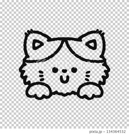 ひょっこり顔を出すモコモコのネコ 線画 ひょっこり顔を出すモコモコのネコ 線画 134364532