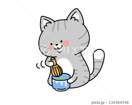 ホッコリ和む♪お抹茶をたてる可愛い猫ちゃん ホッコリ和む♪お抹茶をたてる可愛い猫ちゃん 134364548