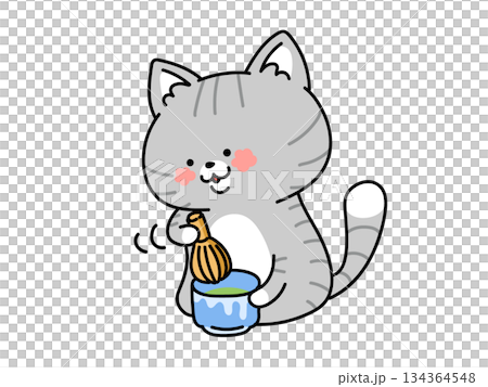 ホッコリ和む♪お抹茶をたてる可愛い猫ちゃん ホッコリ和む♪お抹茶をたてる可愛い猫ちゃん 134364548
