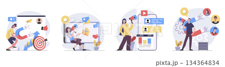 Digital marketing concept with people scenes set in flat web design. Collection of character situation with online promotion tools, target audience, social media advertisement. Vector illustrations. Digital marketing concept with people scenes set in flat web design. Collection of character situation with online promotion tools, target audience, social media advertisement. Vector illustrations. 134364834